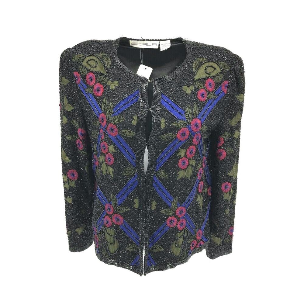Vintage 80's Scala Floral Beaded Evening Cocktail Blazer 100% Silk Sz Med Black